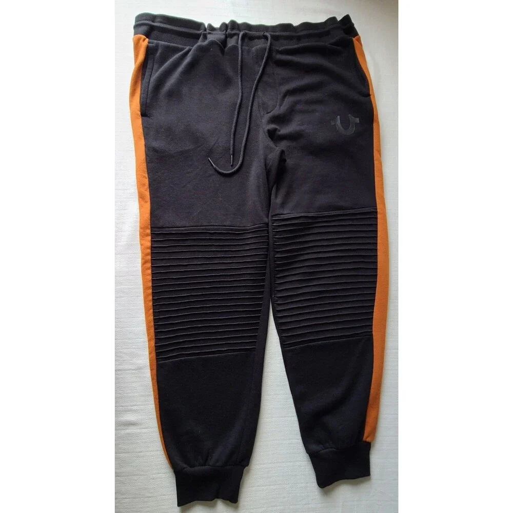 True Religion HS Moto Jogger Pants Mens L Black Orange Biker Sweatpants NWT $119